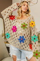 BiBi Perforated Sweater with Flower Appliques in Oatmeal Shirts & Tops BiBi   