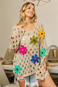 BiBi Perforated Sweater with Flower Appliques in Oatmeal Shirts & Tops BiBi   