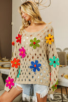 BiBi Perforated Sweater with Flower Appliques in Oatmeal Shirts & Tops BiBi   