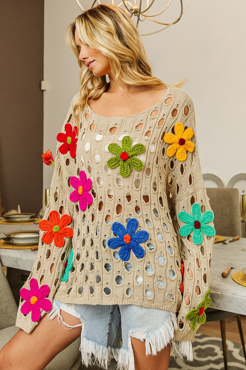 BiBi Perforated Sweater with Flower Appliques in Oatmeal – June Adel
