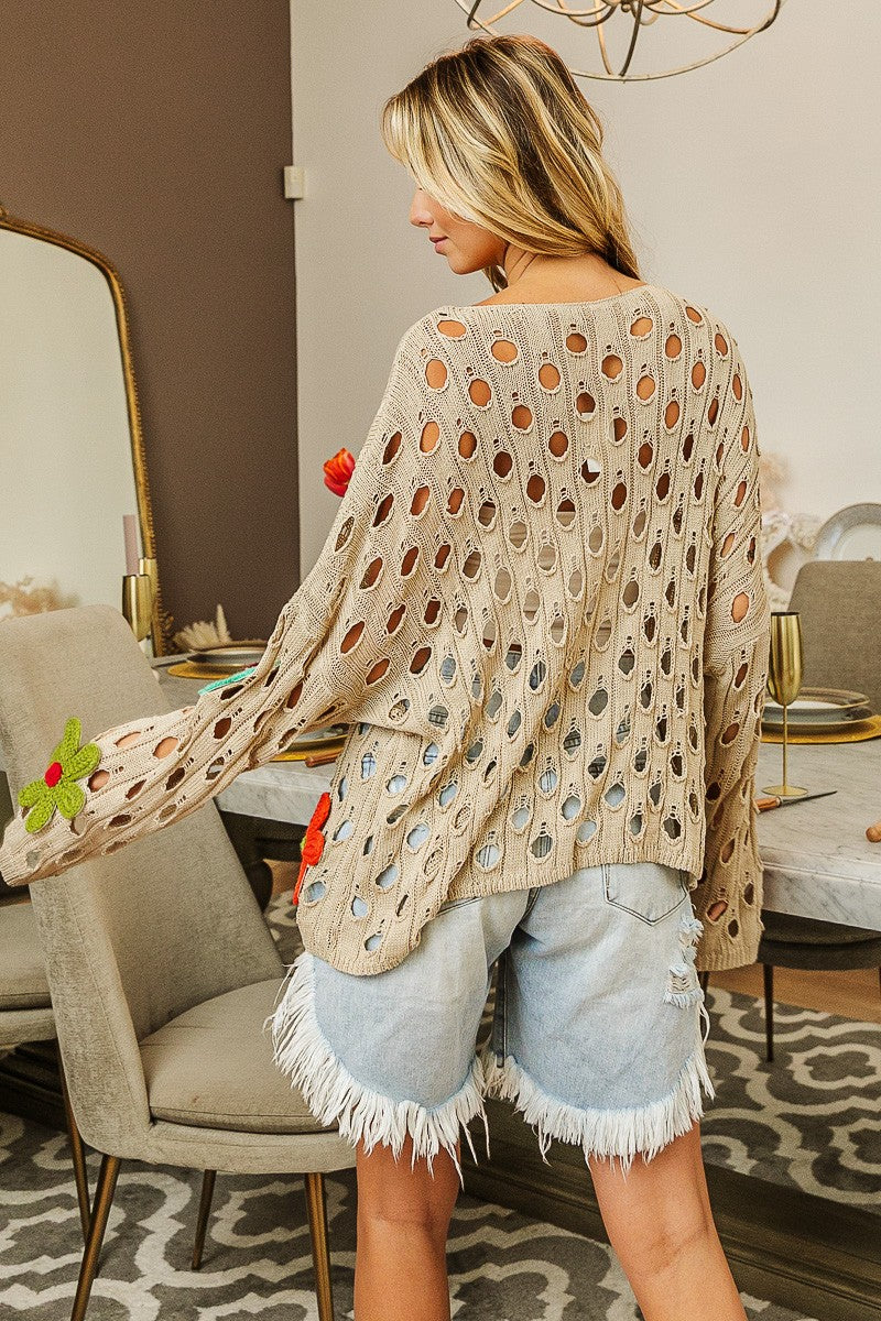 BiBi Perforated Sweater with Flower Appliques in Oatmeal – June Adel