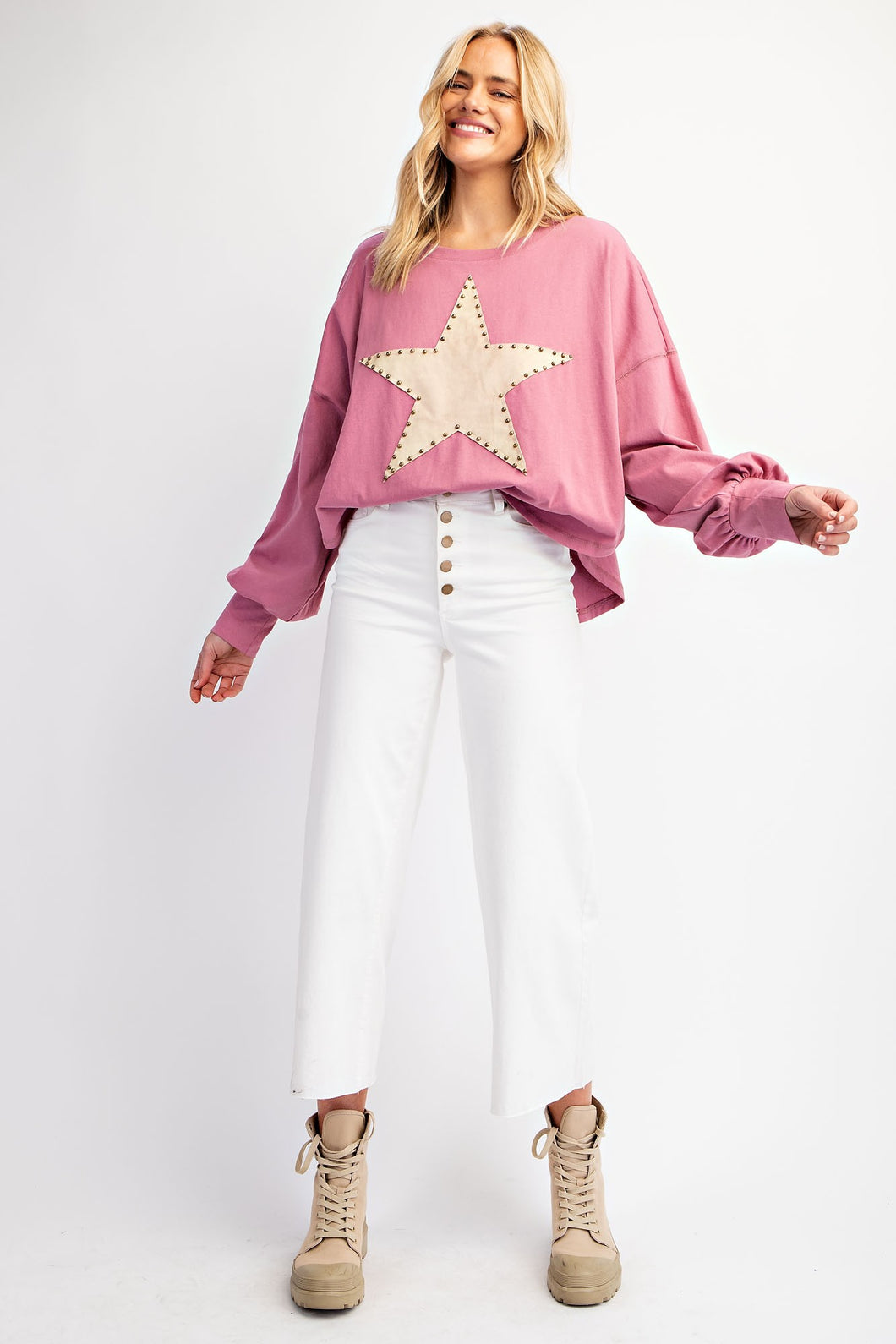 Easel Suede Patch Cotton Jersey Top in Dusty Pink