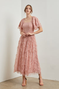 Polagram Floral Embroidered Mesh Maxi Dress in Dusty Rose