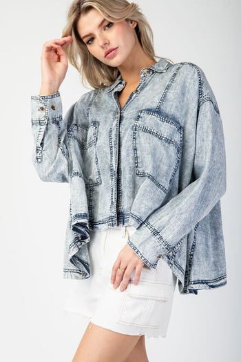 ee:some Snow Washed Tencel Button Down Jacket in Denim