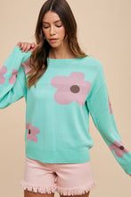 Load image into Gallery viewer, AnnieWear Glitter Flower Pattern Sweater in Mint Combo Shirts &amp; Tops AnnieWear   
