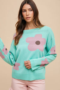 AnnieWear Glitter Flower Pattern Sweater in Mint Combo Shirts & Tops AnnieWear   