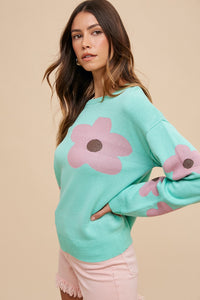 AnnieWear Glitter Flower Pattern Sweater in Mint Combo Shirts & Tops AnnieWear   