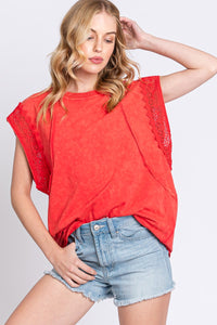 Sewn+Seen Mineral Washed Lace Trim Top in Red Shirts & Tops Sewn+Seen   