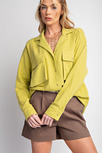 Easel Cotton Gauze Button Down Top in Matcha Latte Shirts & Tops Easel   