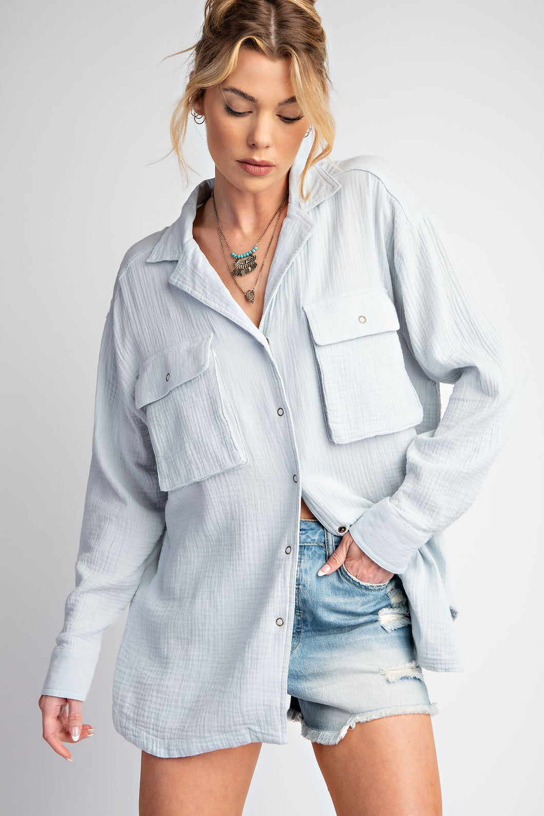 Easel Cotton Gauze Button Down Top in Powder Blue Shirts & Tops Easel   