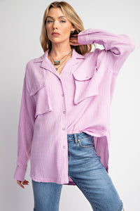 Easel Cotton Gauze Button Down Top in Lilac Rose Shirts & Tops Easel   