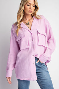 Easel Cotton Gauze Button Down Top in Lilac Rose Shirts & Tops Easel   