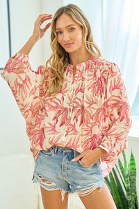 First Love Leaf Print Crinkle Button Down Top in Pink