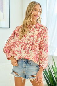 First Love Leaf Print Crinkle Button Down Top in Pink