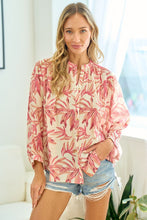 Load image into Gallery viewer, First Love Leaf Print Crinkle Button Down Top in Pink
