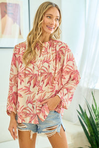 First Love Leaf Print Crinkle Button Down Top in Pink