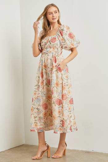 Polagram Organza Floral Print Midi Dress in Cream Multi