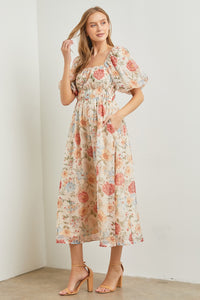Polagram Organza Floral Print Midi Dress in Cream Multi