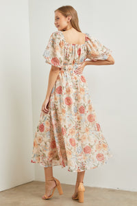 Polagram Organza Floral Print Midi Dress in Cream Multi
