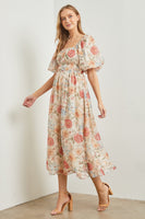 Polagram Organza Floral Print Midi Dress in Cream Multi