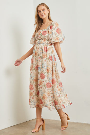 Polagram Organza Floral Print Midi Dress in Cream Multi