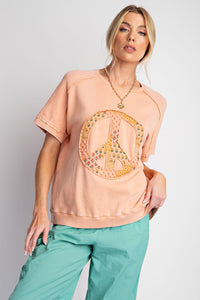 Easel Peace Sign Patch Pullover Top in Peach Shirts & Tops Easel   