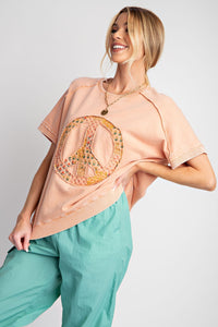 Easel Peace Sign Patch Pullover Top in Peach Shirts & Tops Easel   