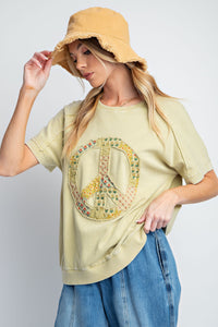 Easel Peace Sign Patch Pullover Top in Sage Shirts & Tops Easel   