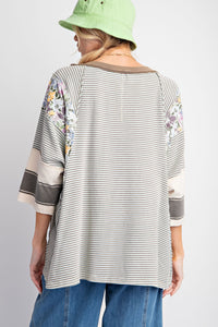 Easel Striped Knit Top with Mix Print Sleeves in Mint Chocolate ON ORDER Shirts & Tops Easel   