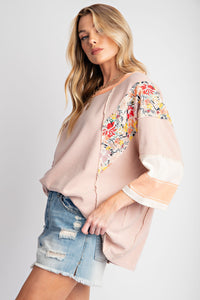 Easel Striped Knit Top with Mix Print Sleeves in Apricot Shirts & Tops Easel   