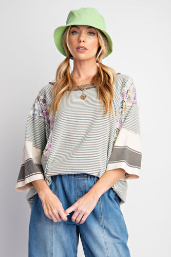 Easel Striped Knit Top with Mix Print Sleeves in Mint Chocolate Shirts & Tops Easel   
