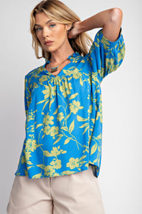 Easel Tropical Print Challis Woven Top in English Blue Shirts & Tops Easel   