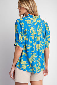 Easel Tropical Print Challis Woven Top in English Blue Shirts & Tops Easel   