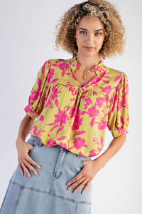 Easel Tropical Print Challis Woven Top in Pistachio Shirts & Tops Easel   