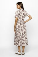 Storia Garden Print Classic Midi Dress in Light Beige/Burgundy