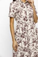 Storia Garden Print Classic Midi Dress in Light Beige/Burgundy