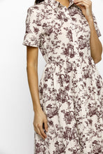 Load image into Gallery viewer, Storia Garden Print Classic Midi Dress in Light Beige/Burgundy
