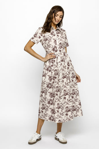 Storia Garden Print Classic Midi Dress in Light Beige/Burgundy