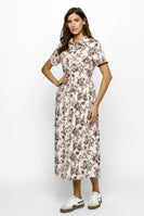Storia Garden Print Classic Midi Dress in Light Beige/Burgundy