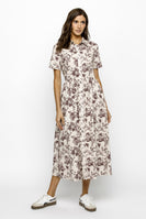 Storia Garden Print Classic Midi Dress in Light Beige/Burgundy
