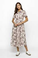 Storia Garden Print Classic Midi Dress in Light Beige/Burgundy