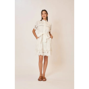 Cozy Co. Mini Dress with Embroidered Lace Details in Off White