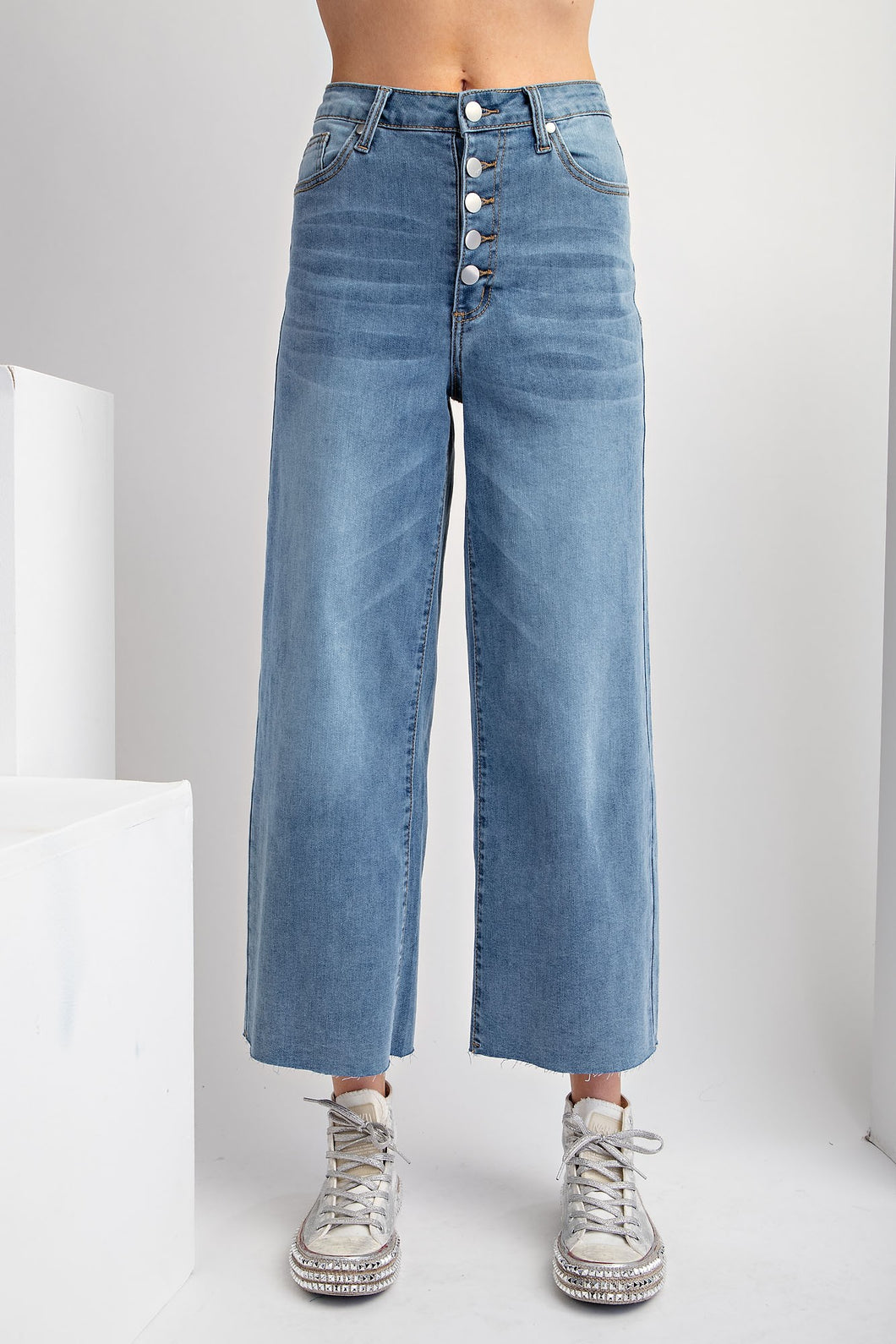 Easel High Waisted 5 Button Front Jeans in Washed Denim