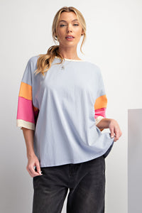 Easel Color Block Sleeves Top in Cotton Blue Shirts & Tops Easel   