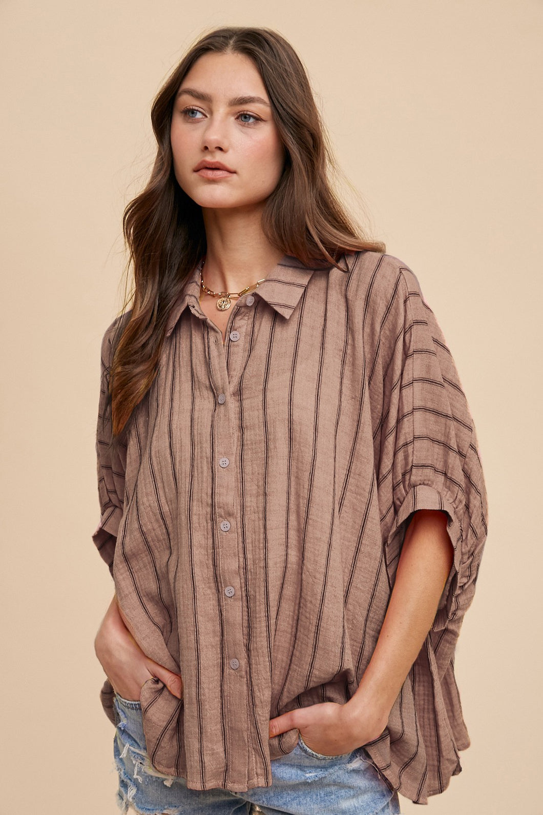 AnnieWear OVERSIZED Striped Top in Latte