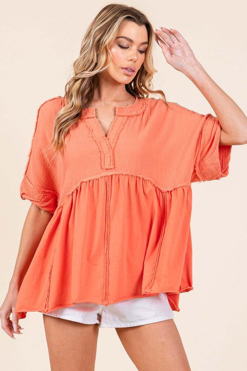 Sewn+Seen Cotton Boxy Babydoll Top in Orange ON ORDER Shirts & Tops Sewn+Seen   