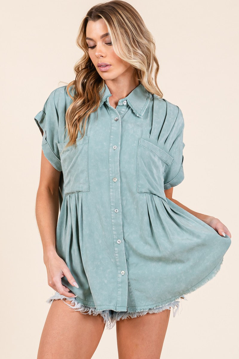 Sewn+Seen Pleated Button Down Top in Sage