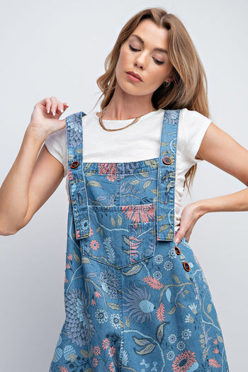 Easel Oversized Floral Print Denim Overall Jumpsuit in Washed Denim Overalls Easel   
