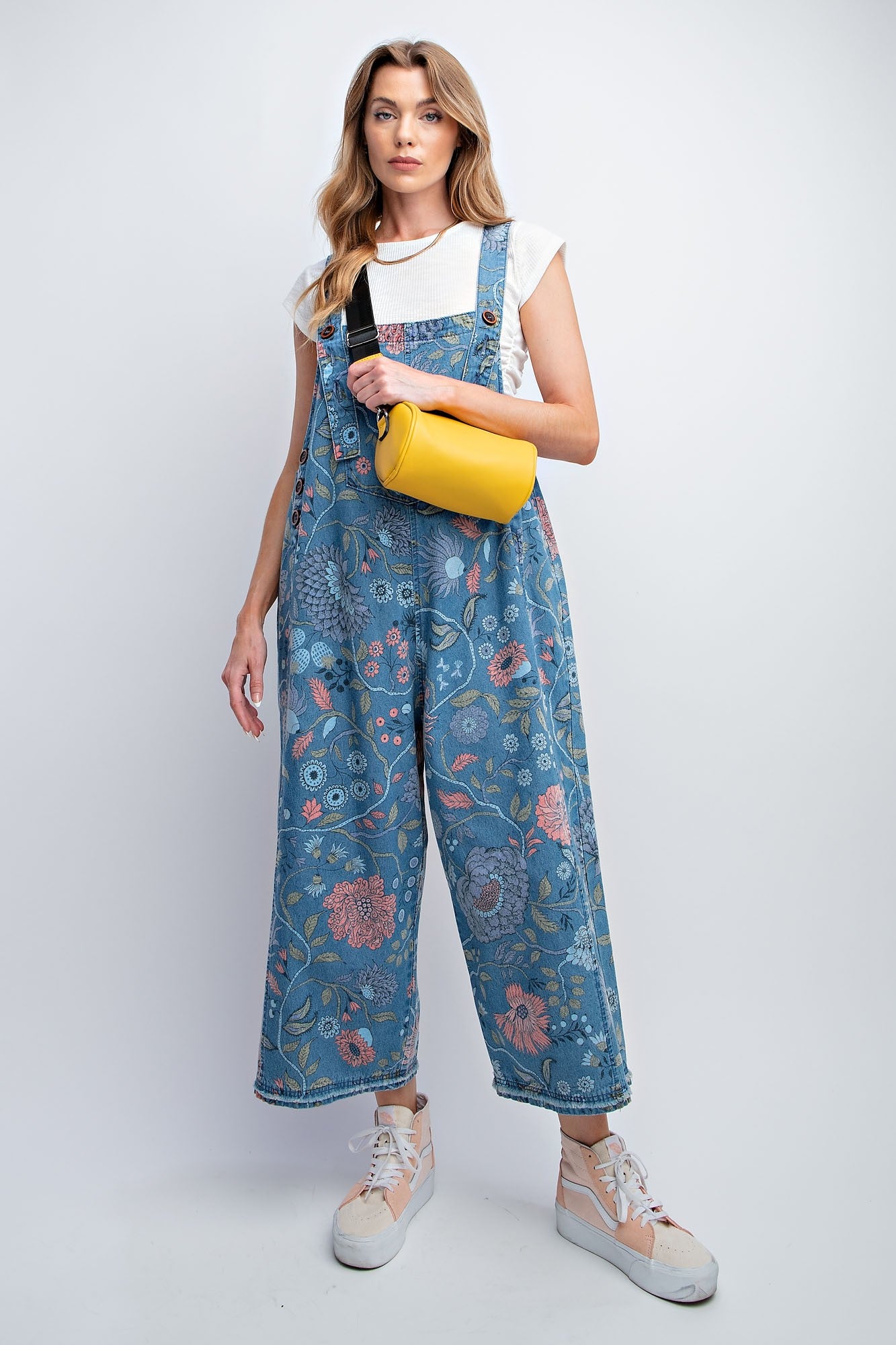 Easel Oversized Floral Print Denim Overall Jumpsuit in Washed