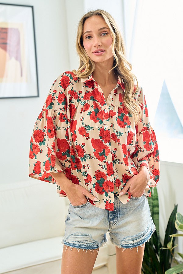 First Love Floral Print Button Down Top in Red/Beige